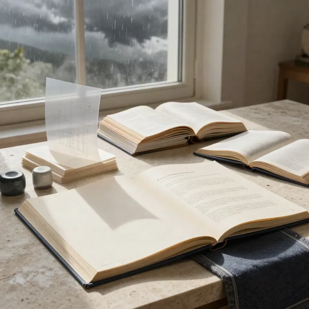 Thunderstorm-lit research table with books, tracing paper, cards, and ceramic paperweights.