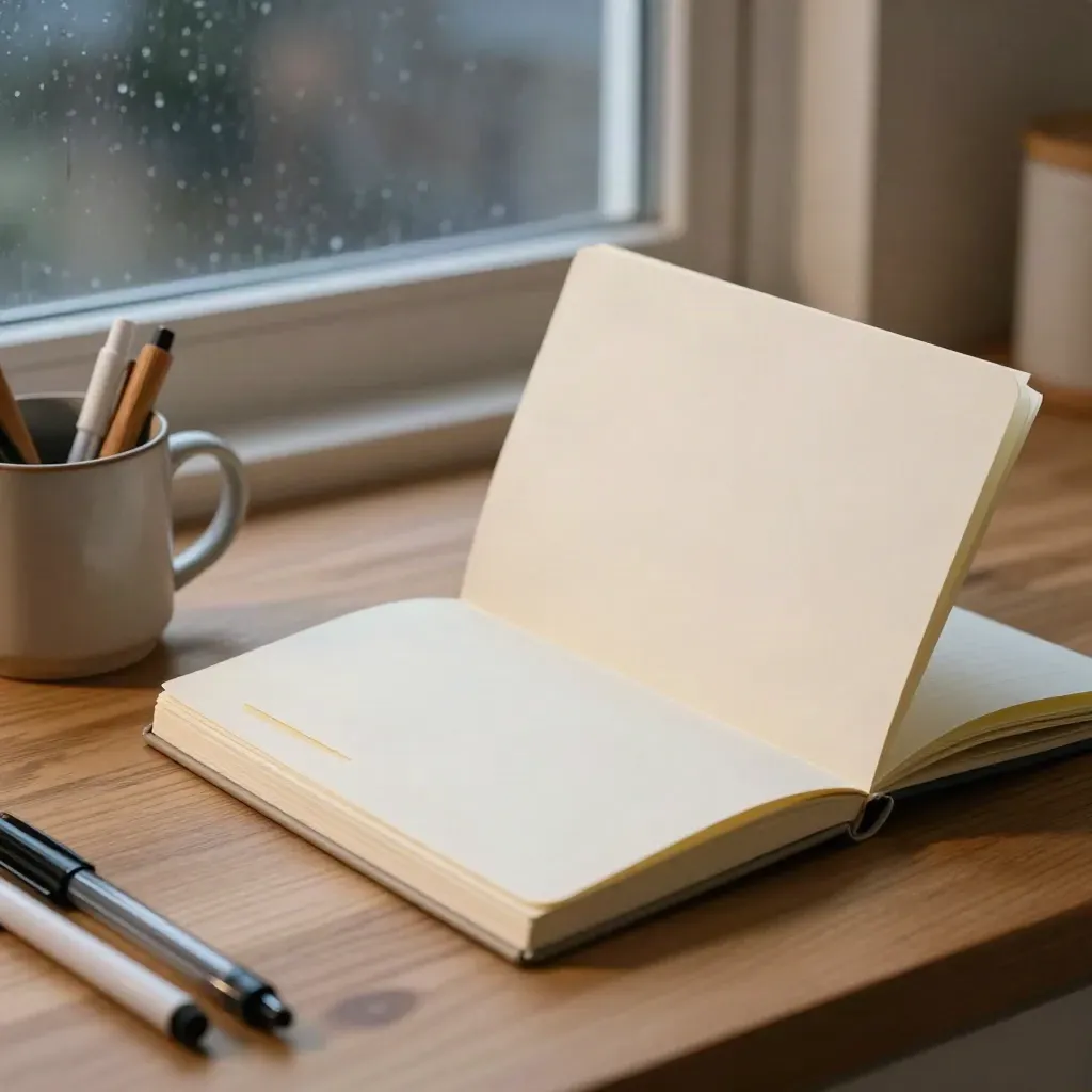 Top-down study notebook, flashcards, and pen mug on oak table by rain-streaked glass.