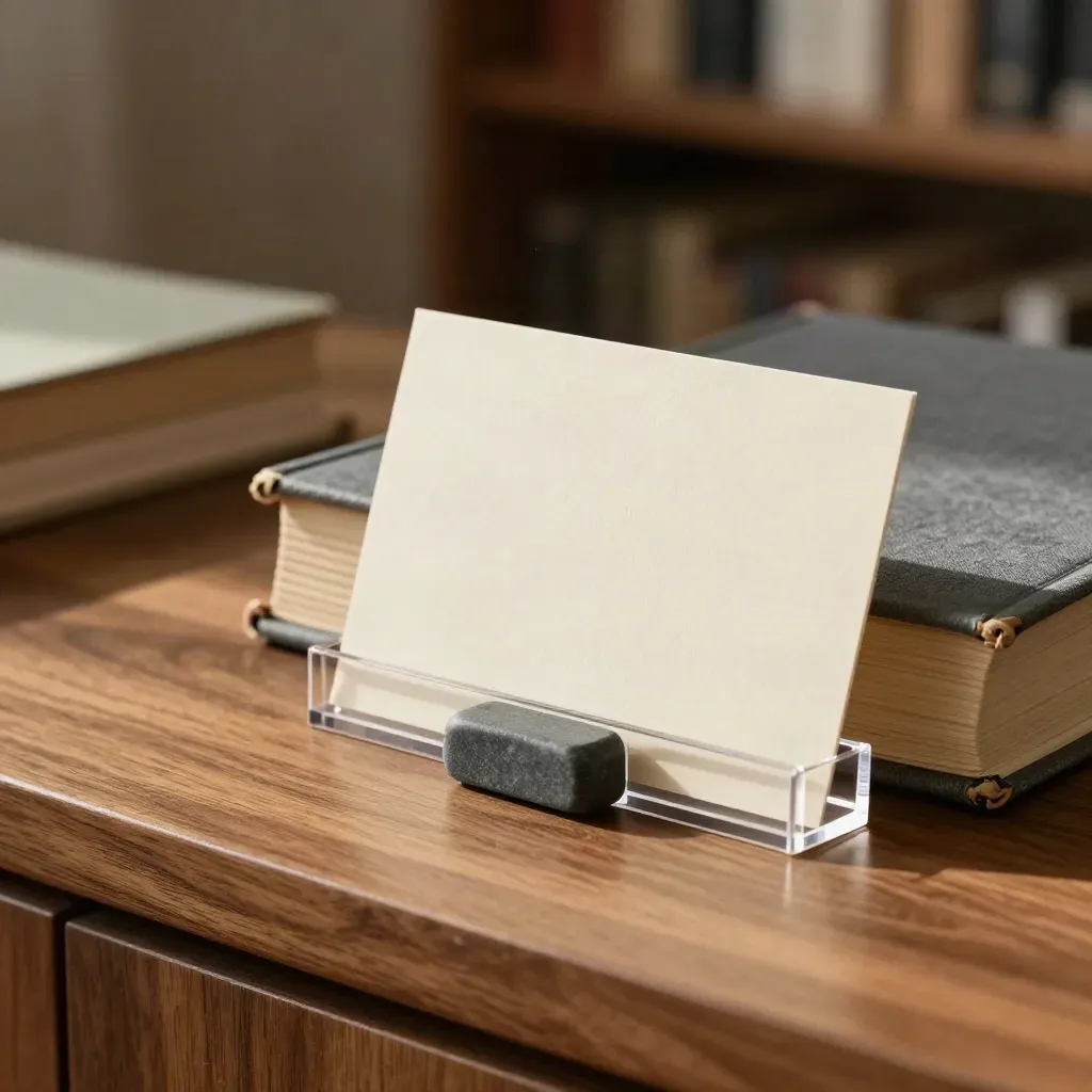 Term card in a clear holder beside books, a paperweight, and a slipping divider on walnut wood.
