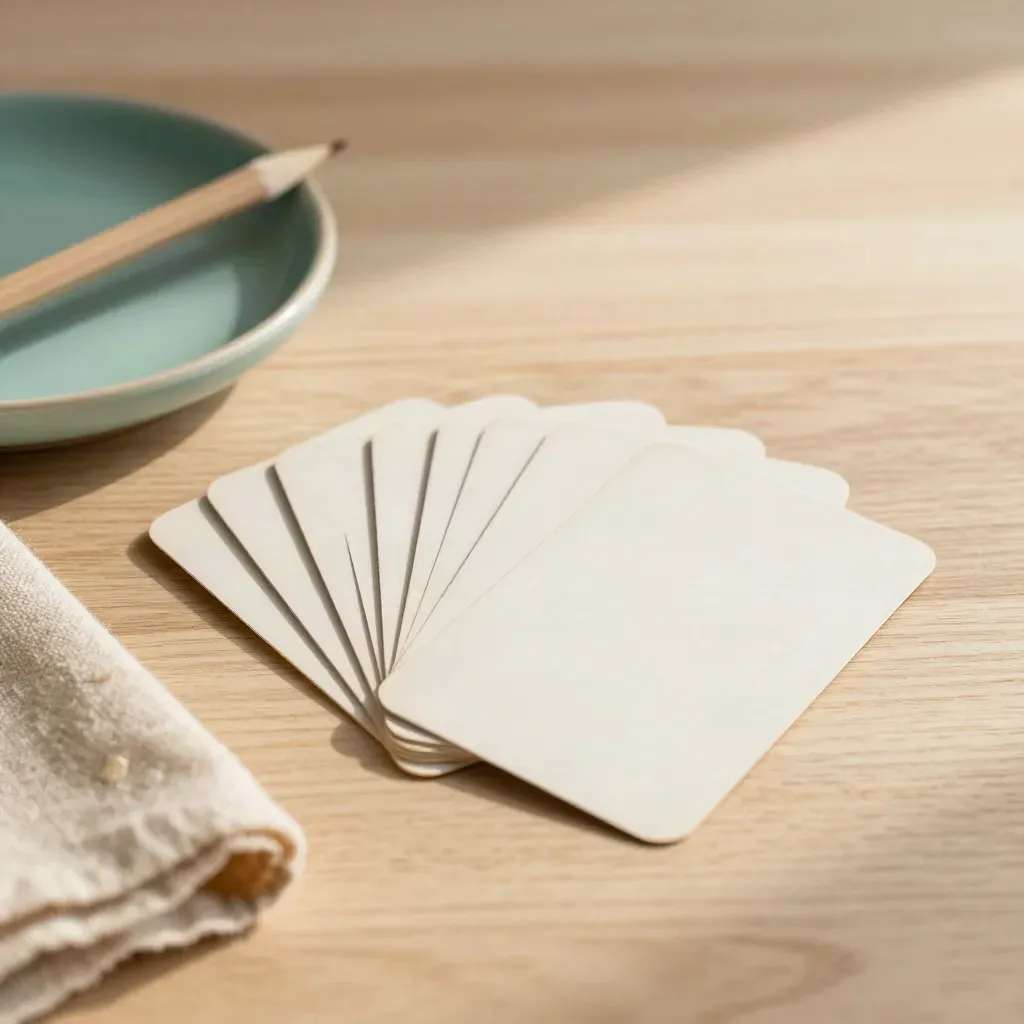 Top-down fan of prompt cards, teal tray, and linen napkin on pale oak in warm daylight.
