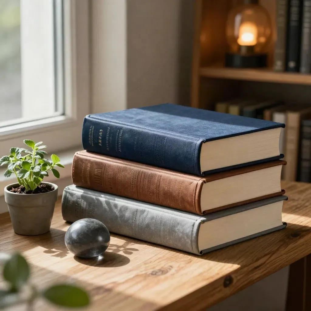 Three concept books, a plant, and a paperweight on a sunlit oak ledge